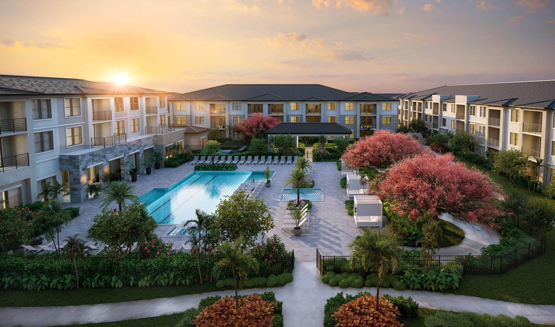 Luxury apartment community with resort-style courtyard and pool