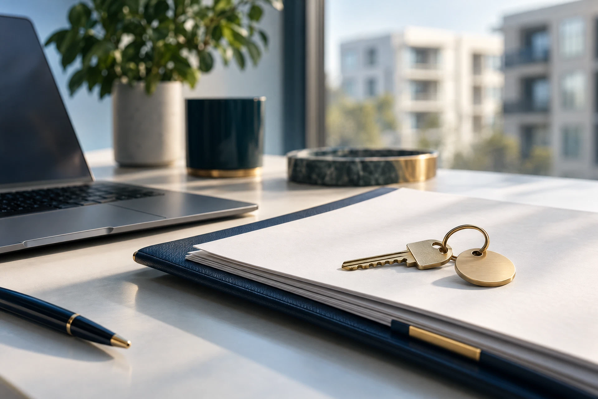 Corporate leasing application materials, an apartment key, and a laptop on a modern desk