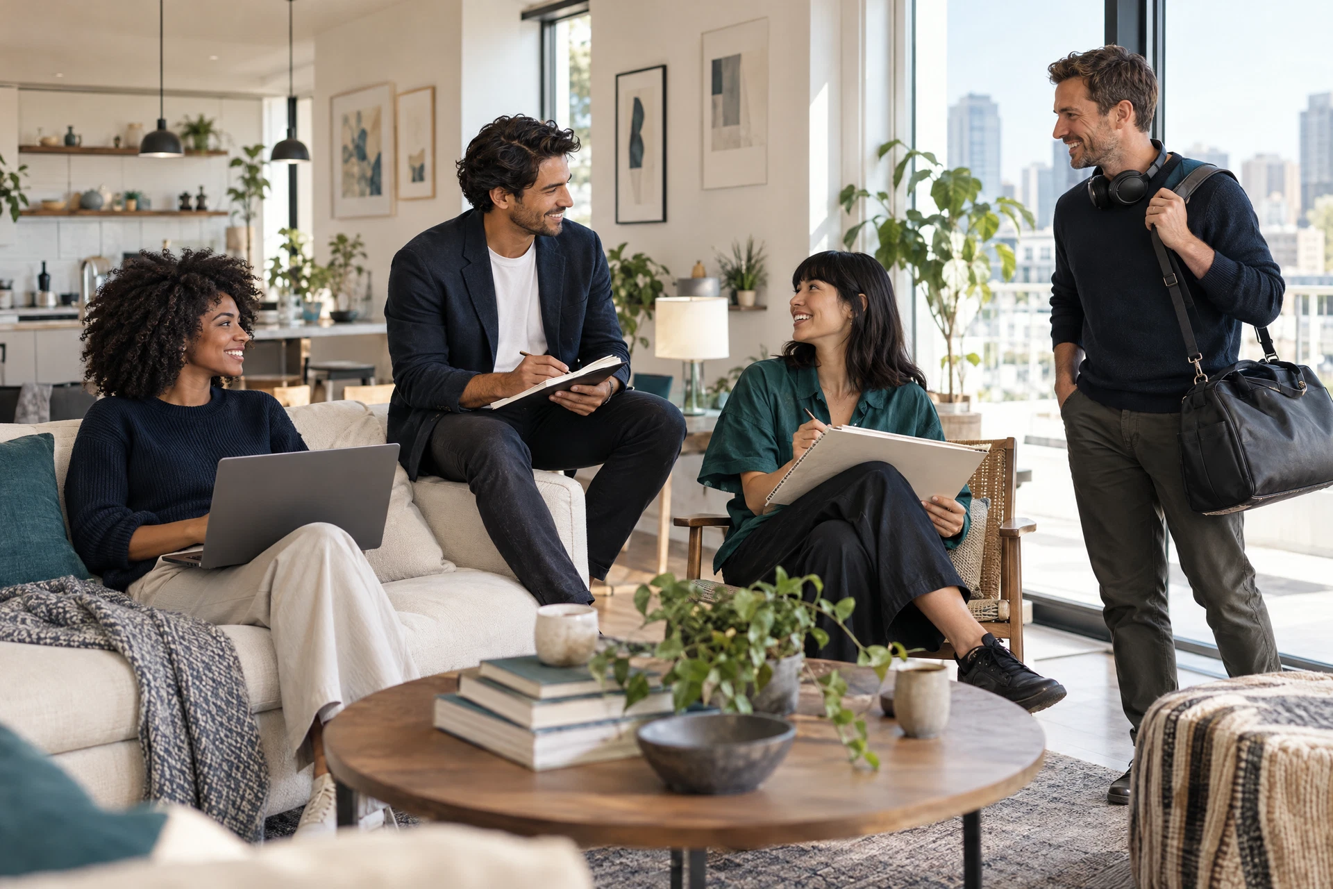 Diverse professionals representing typical CorporateLeaser clients in a modern apartment